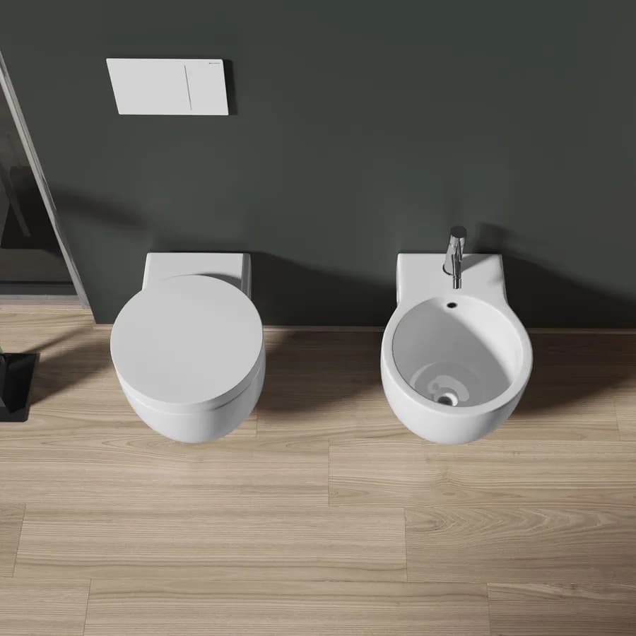 Sanitari sospesi in ceramica lucida Bloom con sedile copri wc softclose salvaspazio