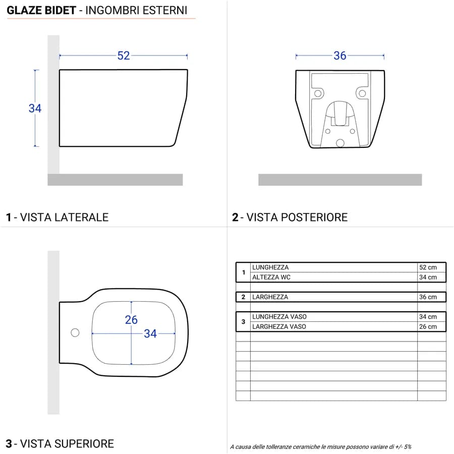Sanitari sospesi in ceramica serie GLAZE di Azzurra con sedile copri wc chiusura rallentata softclose
