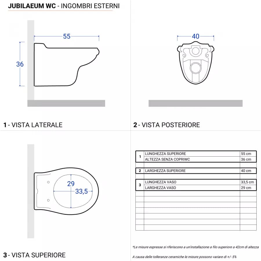 Sanitari sospesi in ceramica serie JUBILAEUM di Azzurra con sedile copri wc design classico