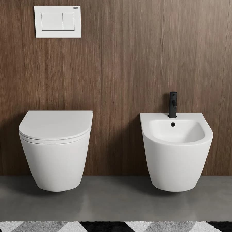Sanitari sospesi rimless design bianco opaco matt con sedile ultraslim softclose - Nobu