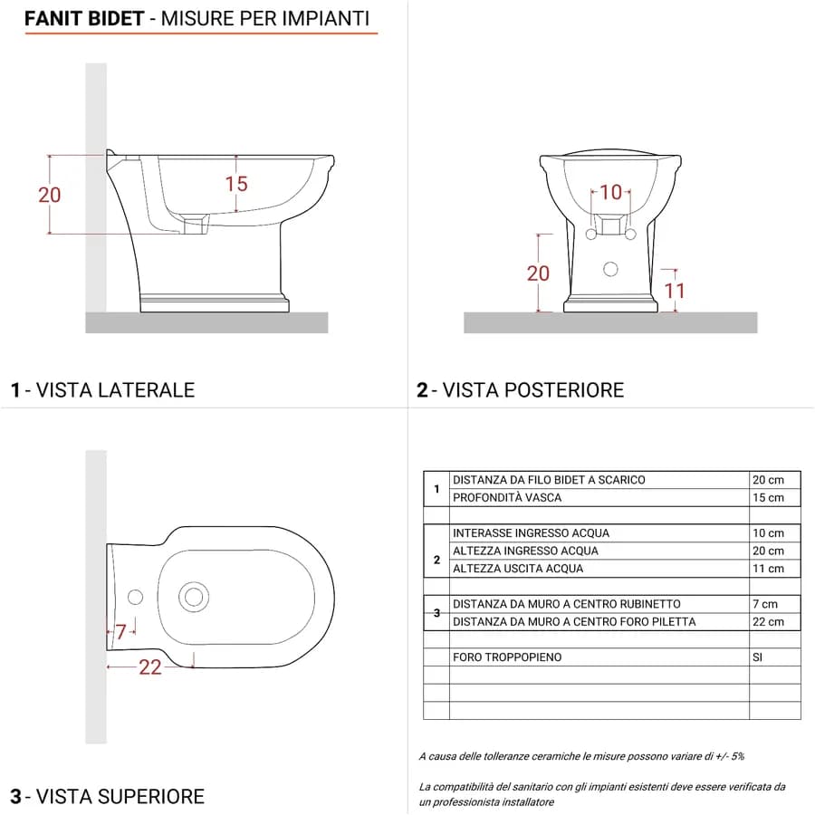 Sanitari classici con bidet monoforo e sedile in ceramica bianca - Fanit
