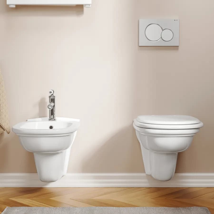 Sanitari sospesi con bidet monoforo e sedile in ceramica bianca - Fanit