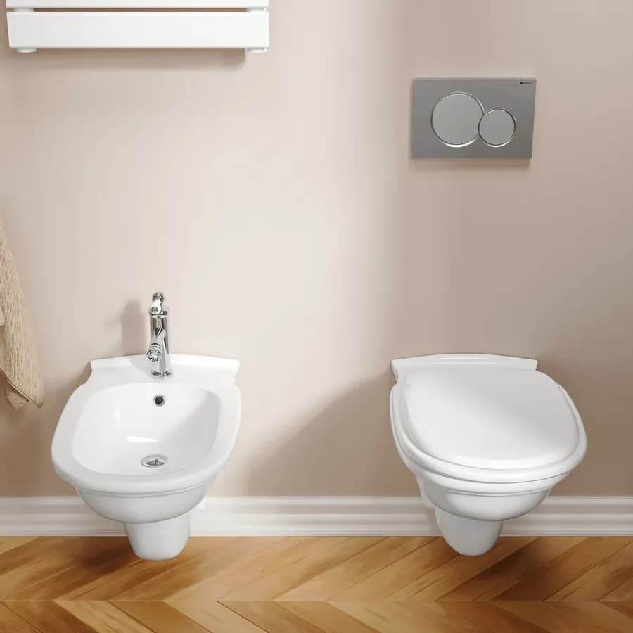Sanitari sospesi con bidet monoforo e sedile in ceramica bianca - Fanit