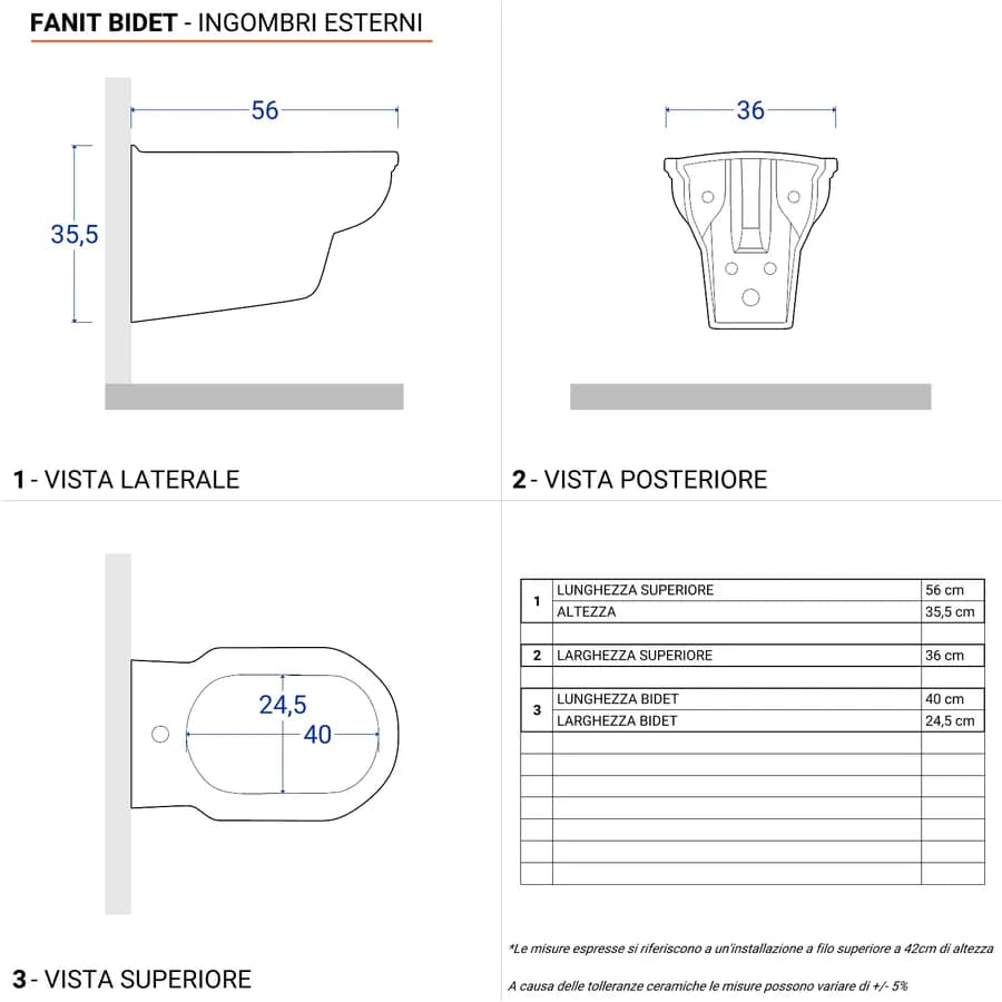 Sanitari sospesi con bidet monoforo e sedile in ceramica bianca - Fanit