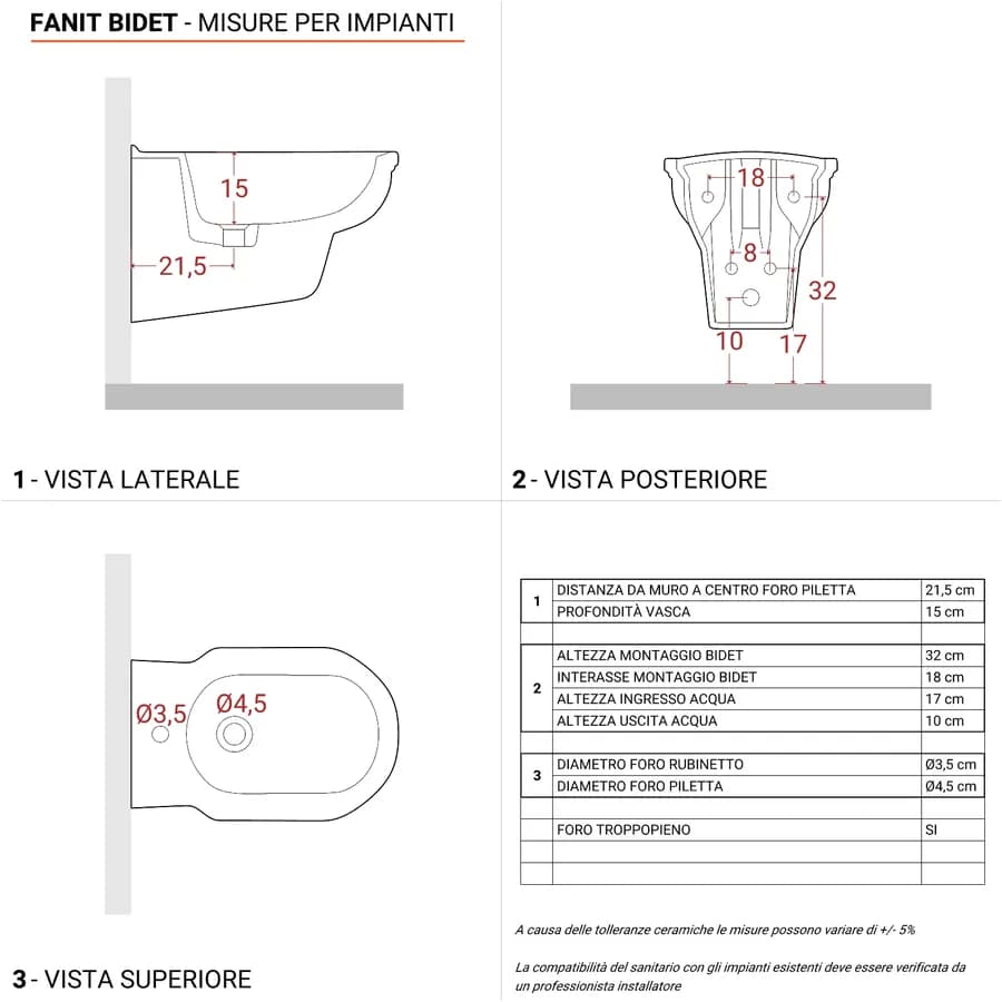 Sanitari sospesi con bidet monoforo e sedile in ceramica bianca - Fanit