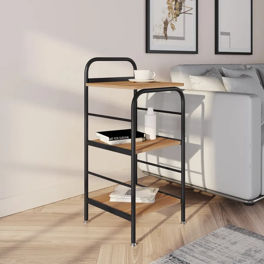 Scaffale 42 x 90h con ripiani effetto rovere e struttura in metallo nero - Caio