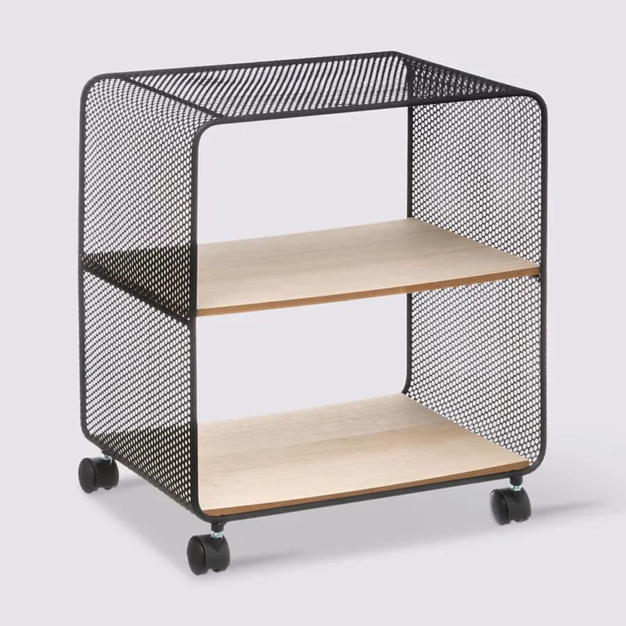 Scaffale 44x51h cm in metallo nero e ripiani in legno con ruote