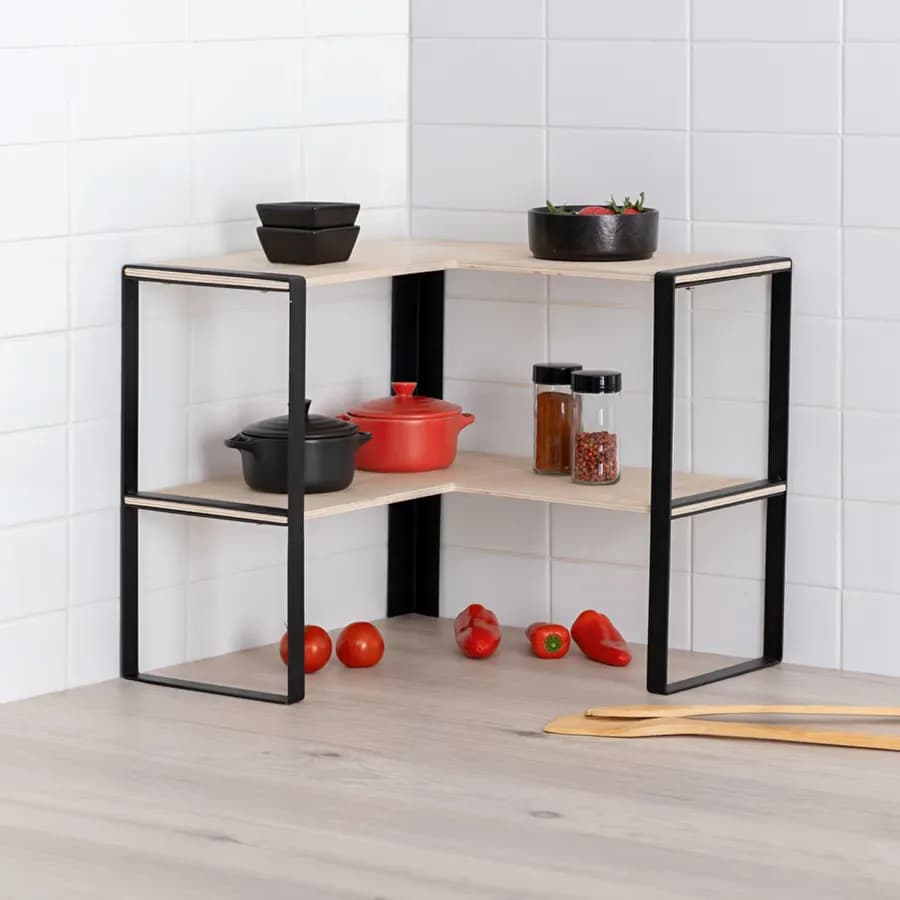 Scaffale angolare d'appoggio 40x35h cm in metallo nero e legno con 2 ripiani