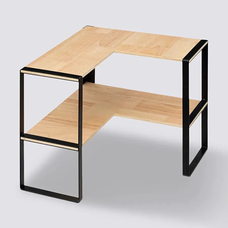 Scaffale angolare d'appoggio 40x35h cm in metallo nero e legno con 2 ripiani