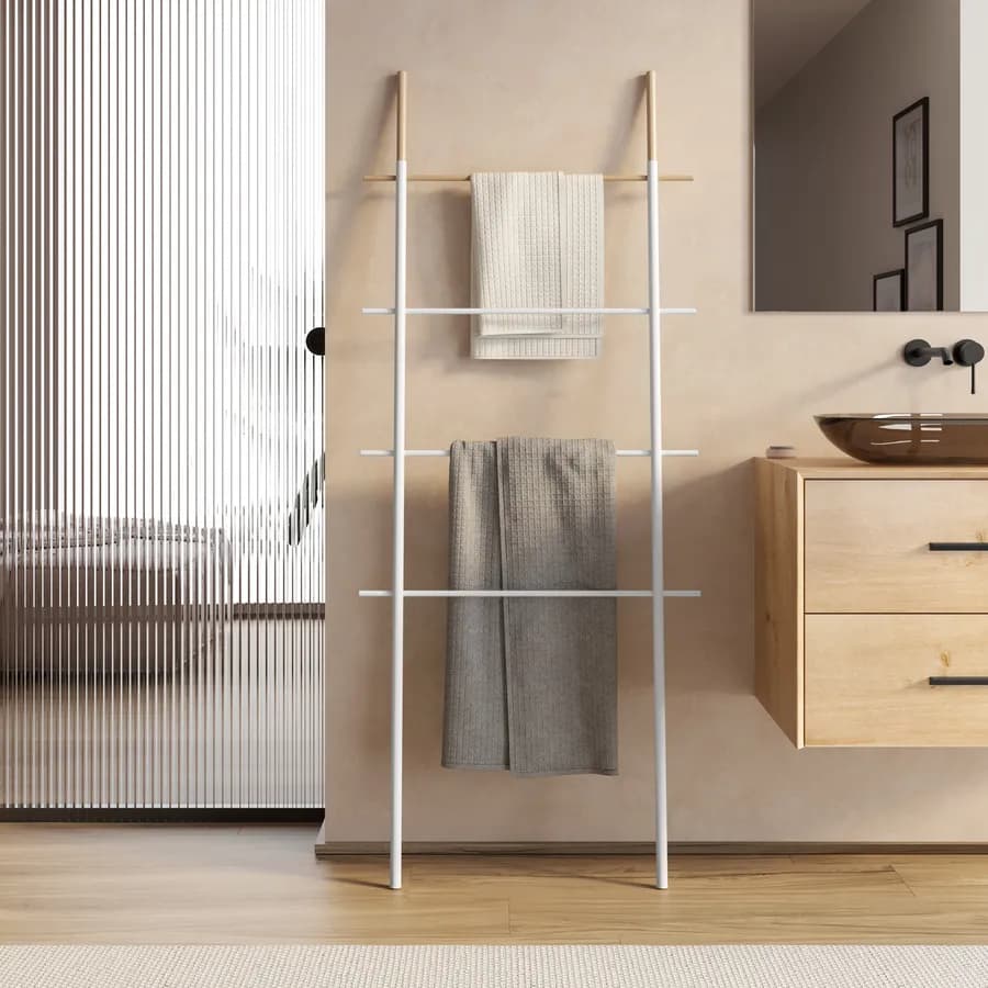 Scala porta salviette da parete 170 h cm in metallo bianco e legno di pino - Pluma