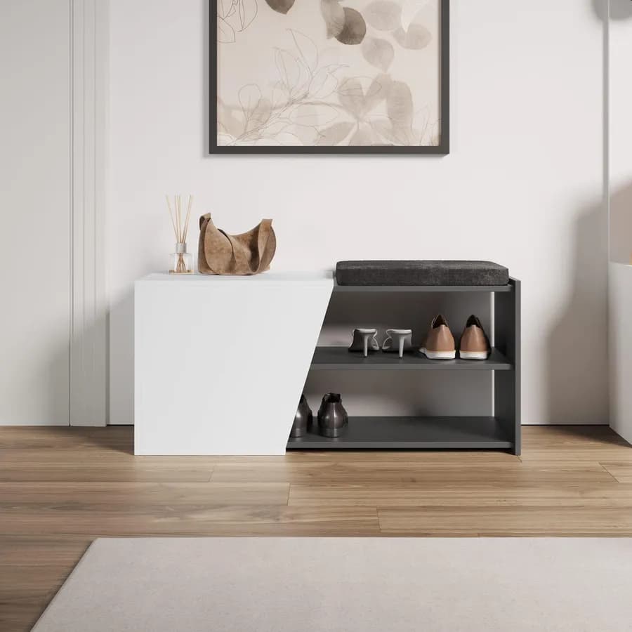 Scarpiera 104x47h cm bianco e antracite con ripiano e anta - Kantiko