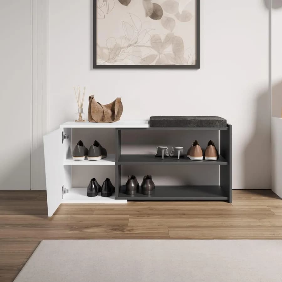 Scarpiera 104x47h cm bianco e antracite con ripiano e anta - Kantiko