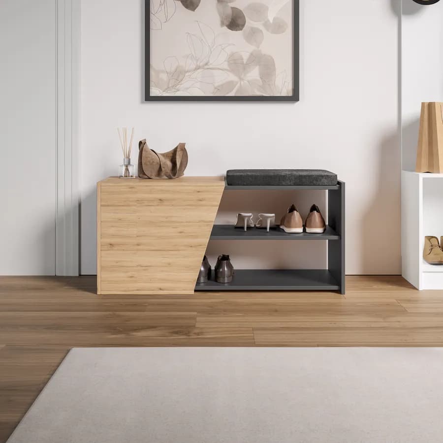 Scarpiera 104x47h cm in legno antracite e rovere con anta e ripiano - Kantiko
