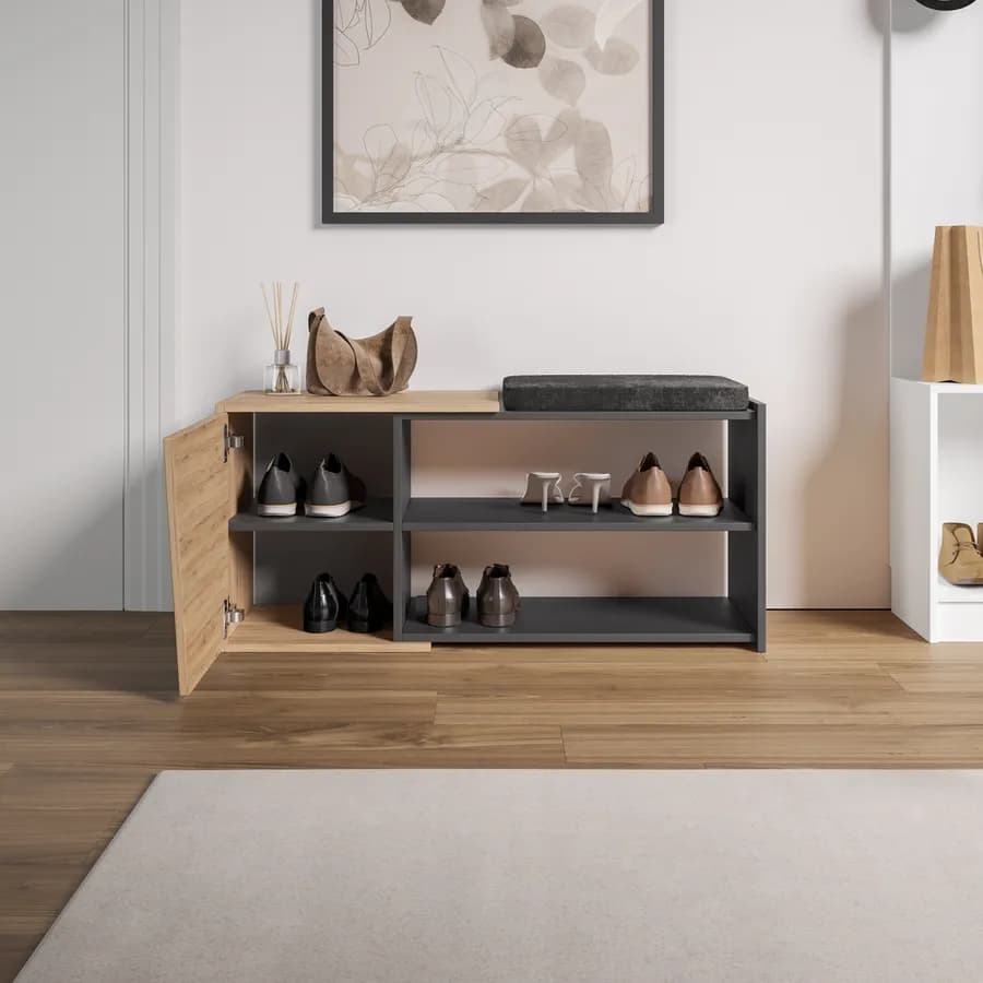 Scarpiera 104x47h cm in legno antracite e rovere con anta e ripiano - Kantiko