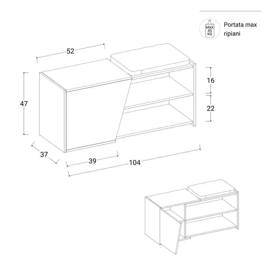 Scarpiera 104x47h cm in legno antracite e rovere con anta e ripiano - Kantiko