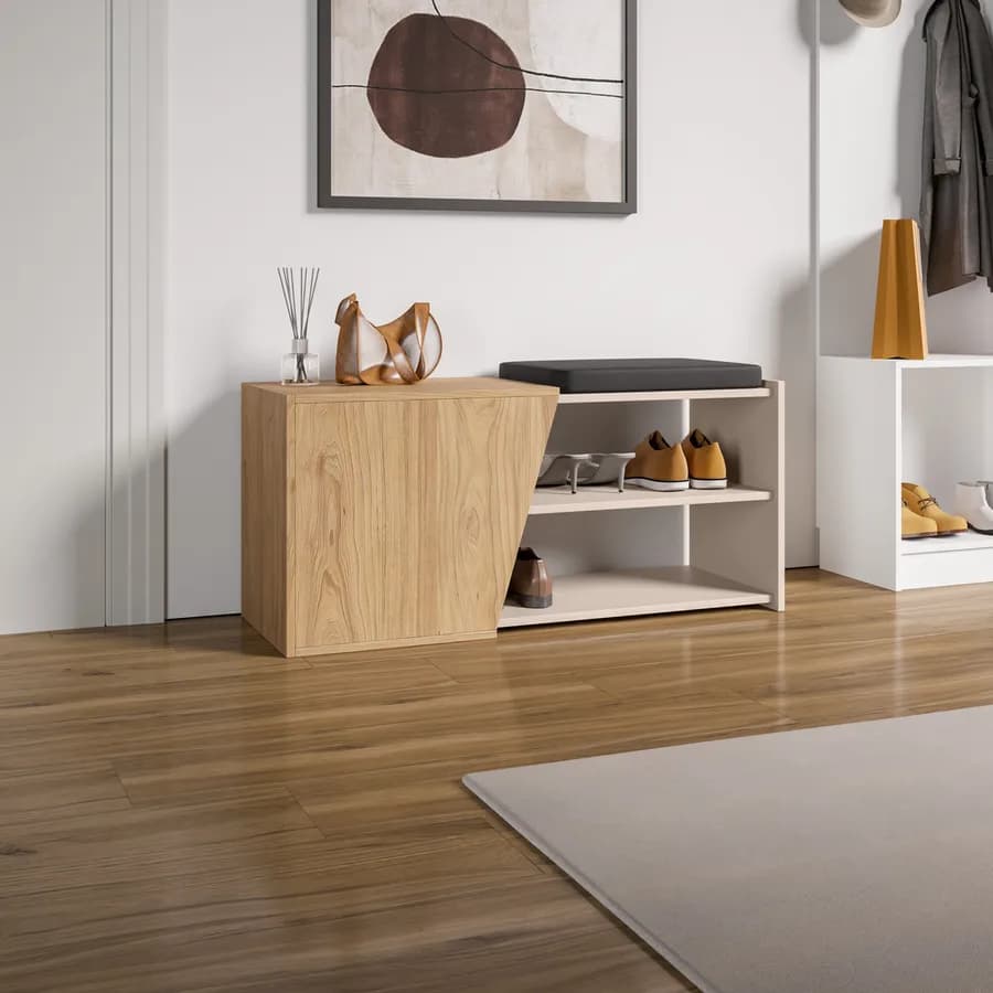 Scarpiera 104x47h cm in legno cashmere e rovere con ripiano e anta - Kantiko