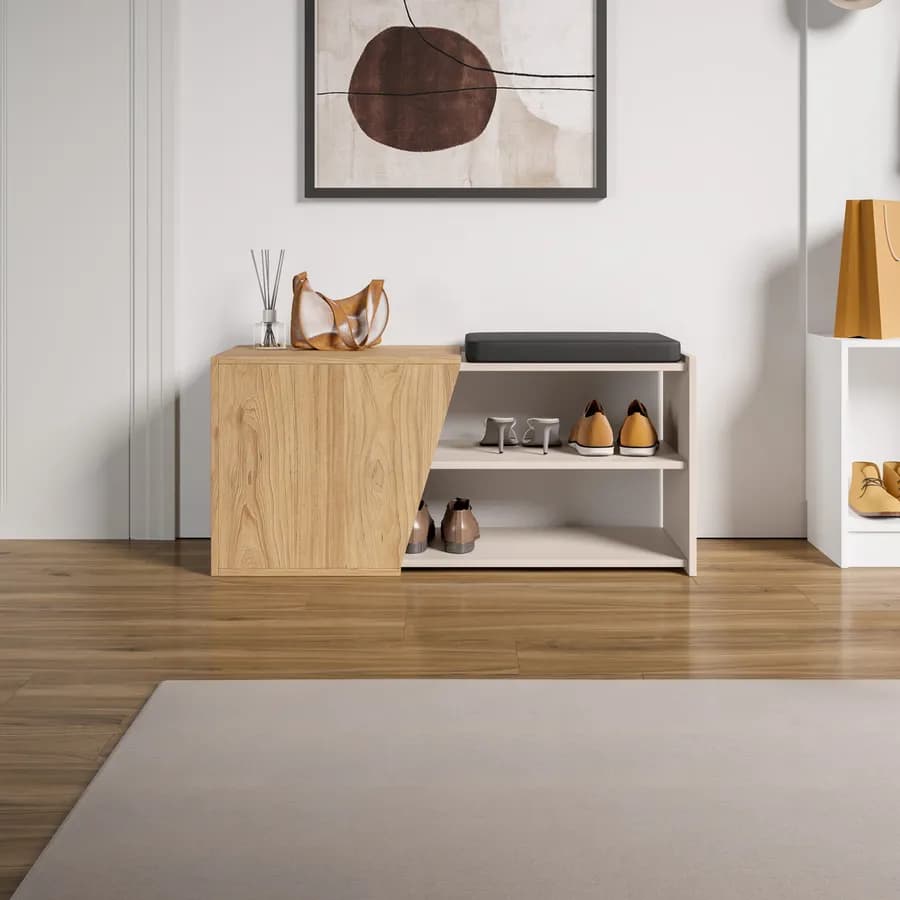 Scarpiera 104x47h cm in legno cashmere e rovere con ripiano e anta - Kantiko