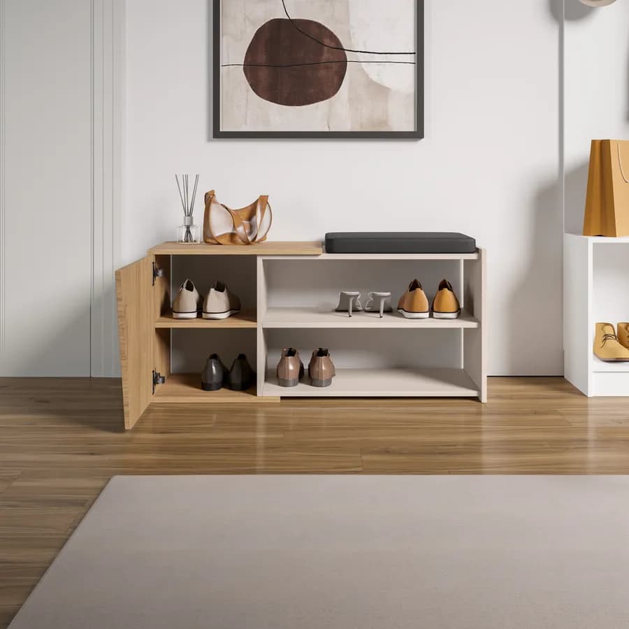 Scarpiera 104x47h cm in legno cashmere e rovere con ripiano e anta - Kantiko