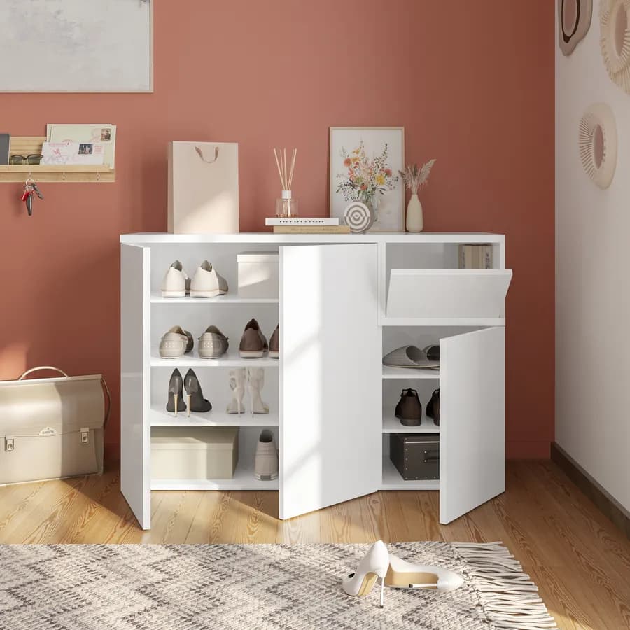 Scarpiera 120x80h cm con 3 ante e 1 anta a ribalta in legno bianco - Cirill