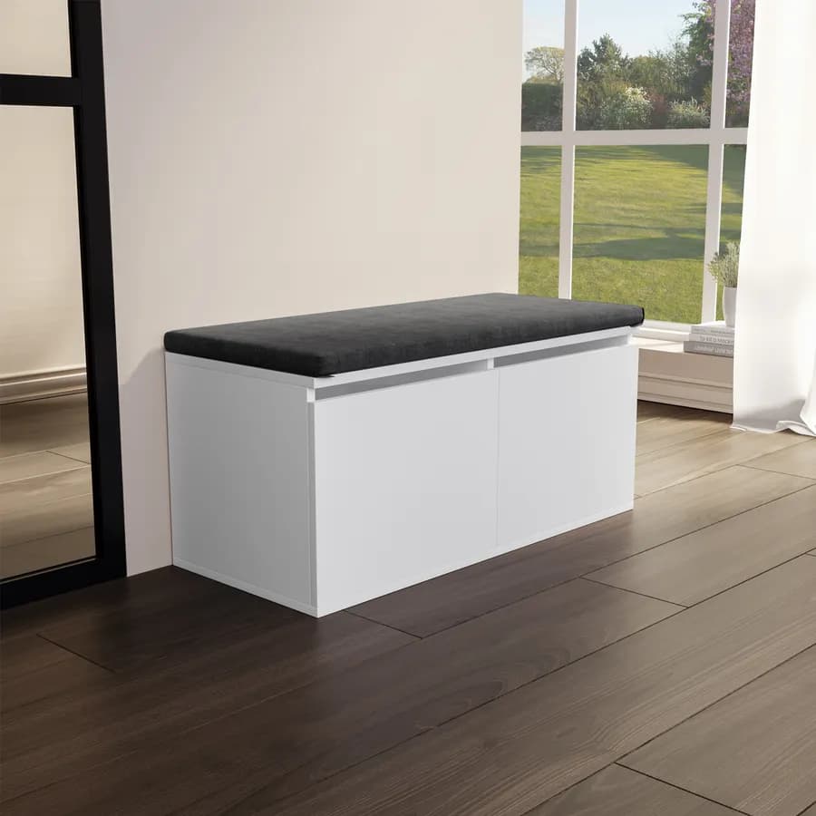 Scarpiera 35x80 cm in legno bianco con cuscino in tessuto removibile - Tokis