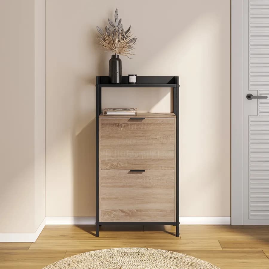 Scarpiera 60x116h cm effetto rovere grano e metallo nero con 2 ante a ribalta - Puton