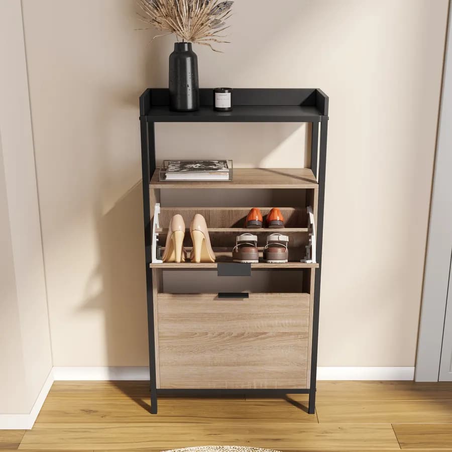 Scarpiera 60x116h cm effetto rovere grano e metallo nero con 2 ante a ribalta - Puton
