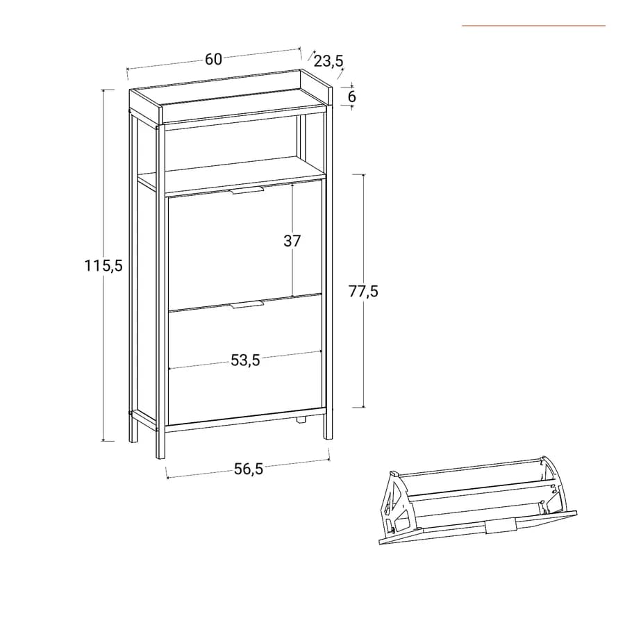 Scarpiera 60x116h cm effetto rovere grano e metallo nero con 2 ante a ribalta - Puton