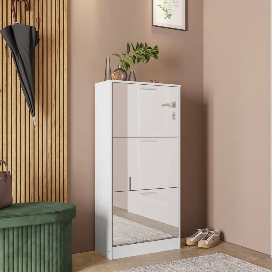Scarpiera 60x117h cm bianco con 3 ante a ribalta e specchio - Sonic