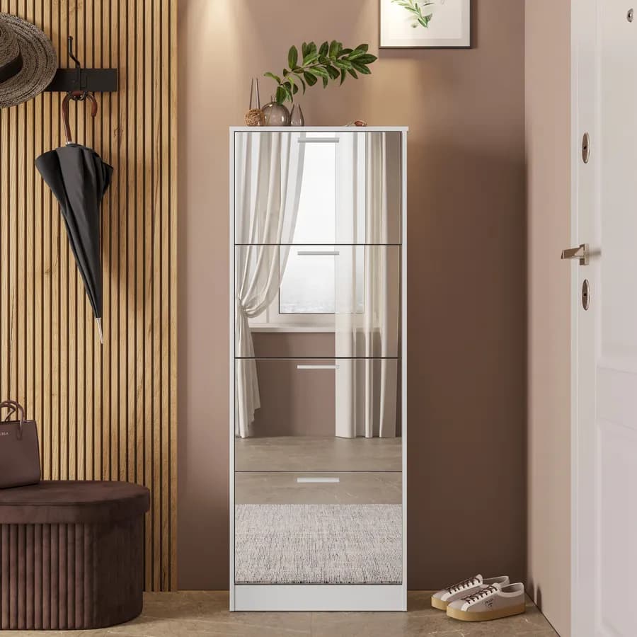 Scarpiera 60x153h cm bianco con 4 ante a ribalta e specchio - Sonic