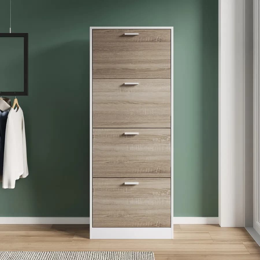 Scarpiera 60x153h cm bianco e rovere con 4 ante a ribalta - Sonic