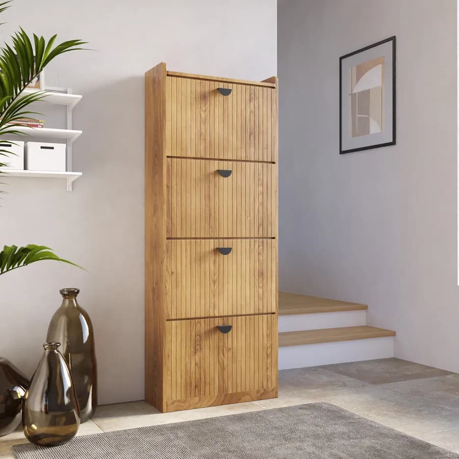 Scarpiera 60x157h cm con 4 ante a ribalta rovere chiaro e gambe nero - Ozma