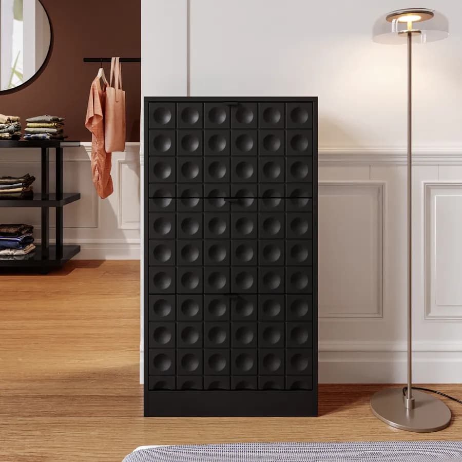 Scarpiera 63x117h cm nero con frontali decorati e 3 ante a ribalta - Miara