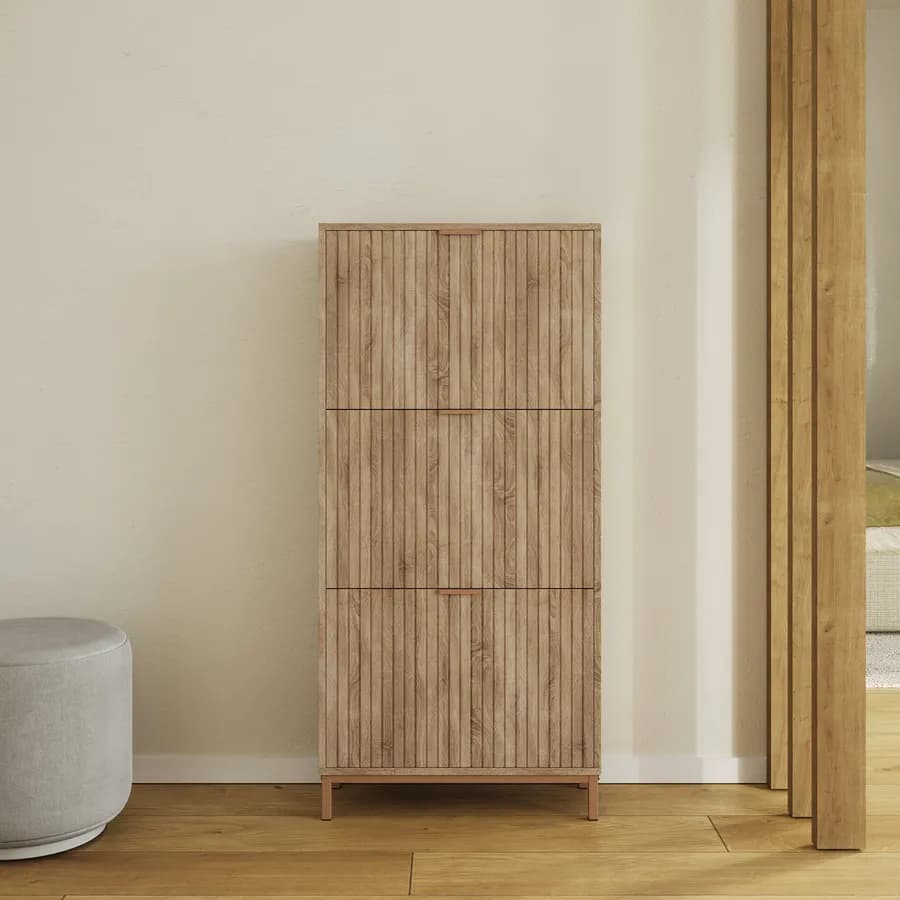 Scarpiera 63x132h cm rovere cannettato con 3 ribalte e struttura in acciaio oro bronzato - Kloser