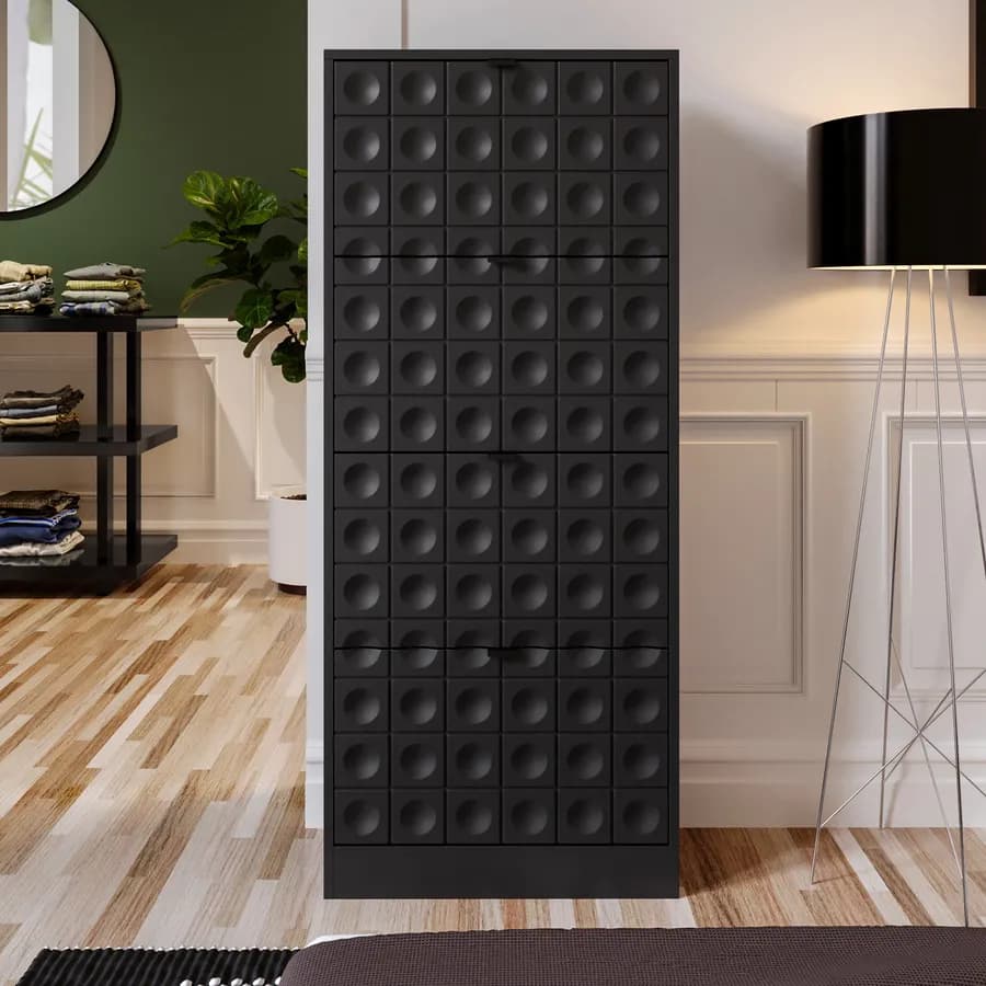 Scarpiera 63x153h cm nero con frontali decorati e 4 ante a ribalta - Miara
