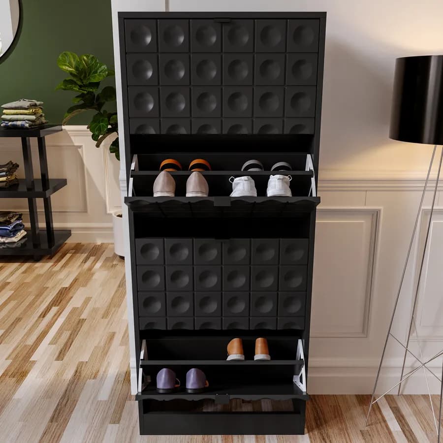 Scarpiera 63x153h cm nero con frontali decorati e 4 ante a ribalta - Miara