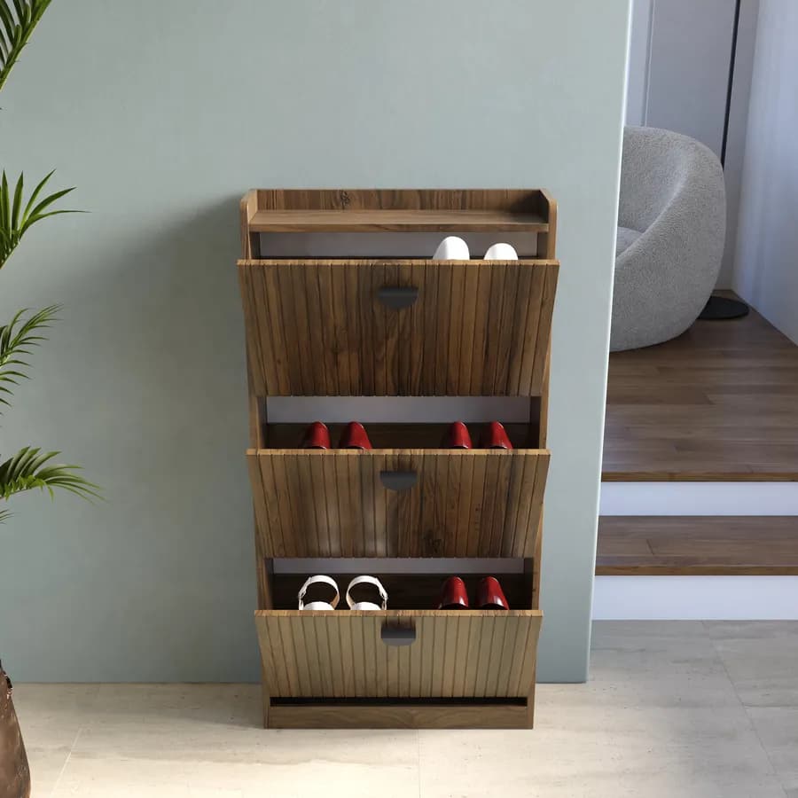 Scarpiera salvaspazio 60x117h cm con 3 ante a ribalta noce cannettato - Ozma