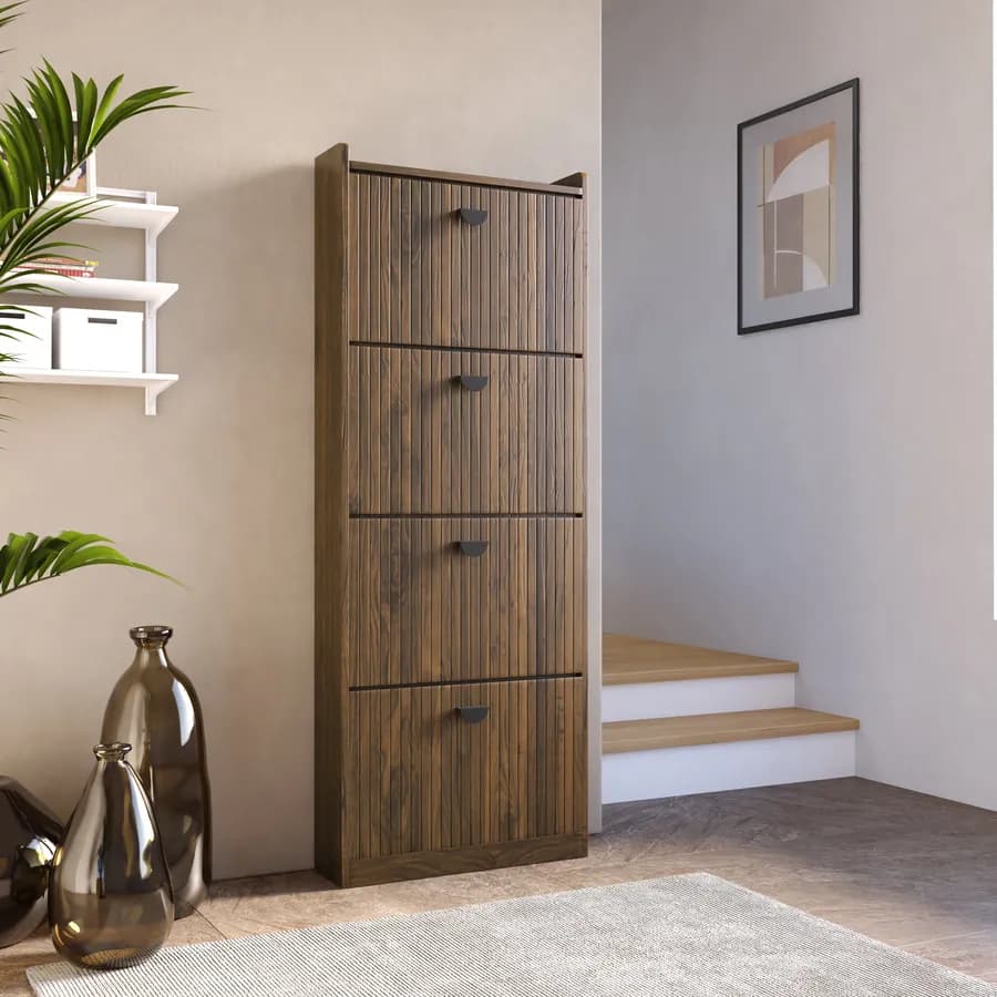 Scarpiera salvaspazio 60x157h cm con 4 ante a ribalta noce cannettato - Ozma