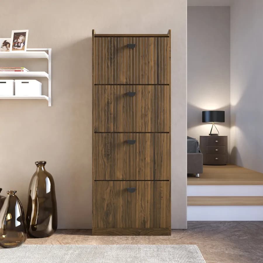 Scarpiera salvaspazio 60x157h cm con 4 ante a ribalta noce cannettato - Ozma