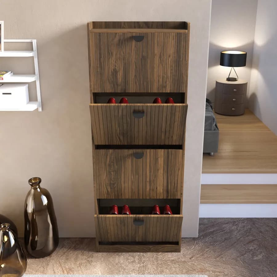 Scarpiera salvaspazio 60x157h cm con 4 ante a ribalta noce cannettato - Ozma