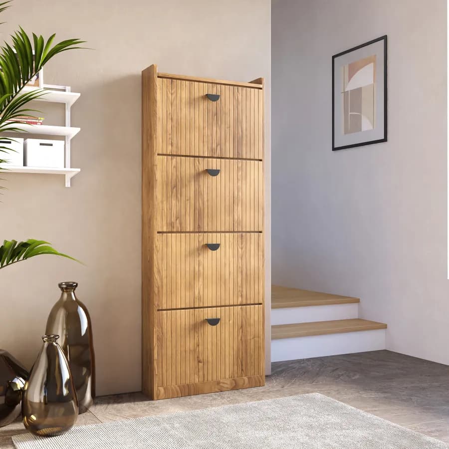 Scarpiera salvaspazio 60x157h cm con 4 ante a ribalta rovere chiaro e gambe nero - Ozma
