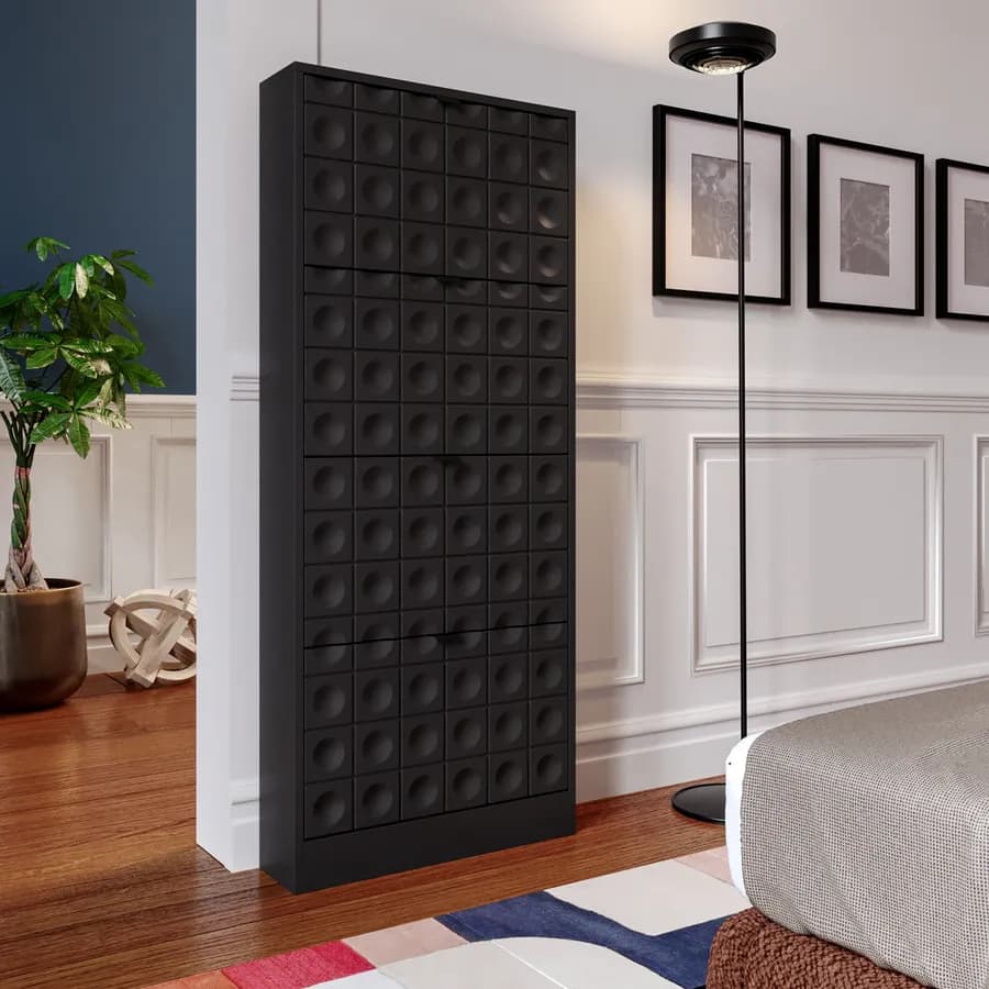 Scarpiera salvaspazio 63x153h cm nero con frontali decorati e 4 ante a ribalta - Miara