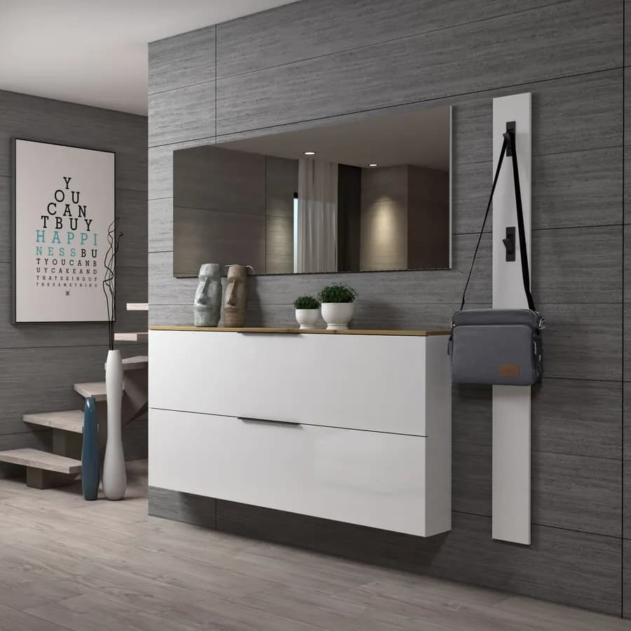 Scarpiera sospesa 160x80h cm con 2 ribalte con soft close bianco e rovere - Spencer