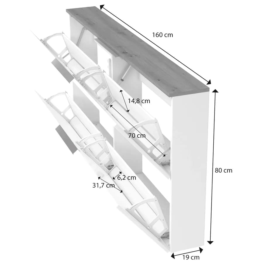 Scarpiera sospesa 160x80h cm con 2 ribalte con soft close bianco e rovere - Spencer