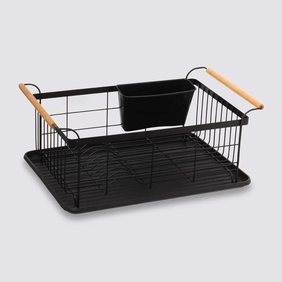 Scolapiatti 43x19h cm in metallo nero con manici in legno