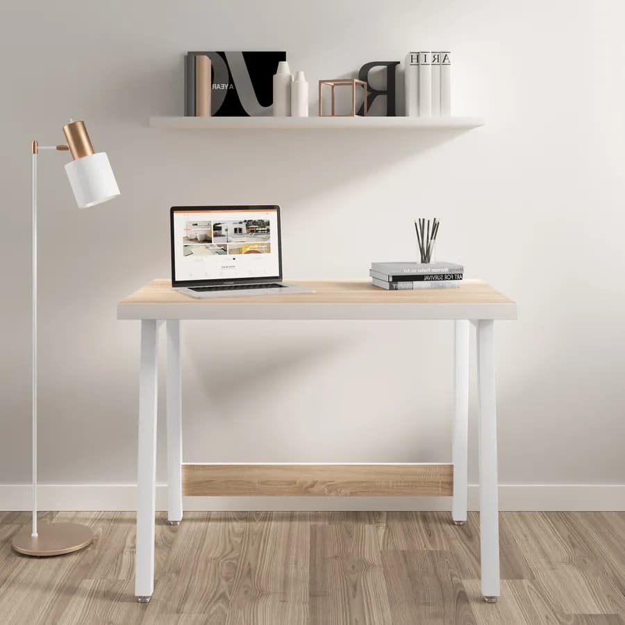 Scrivania 100x60 cm con piano in legno rovere chiaro e gambe in acciaio bianco - Apax