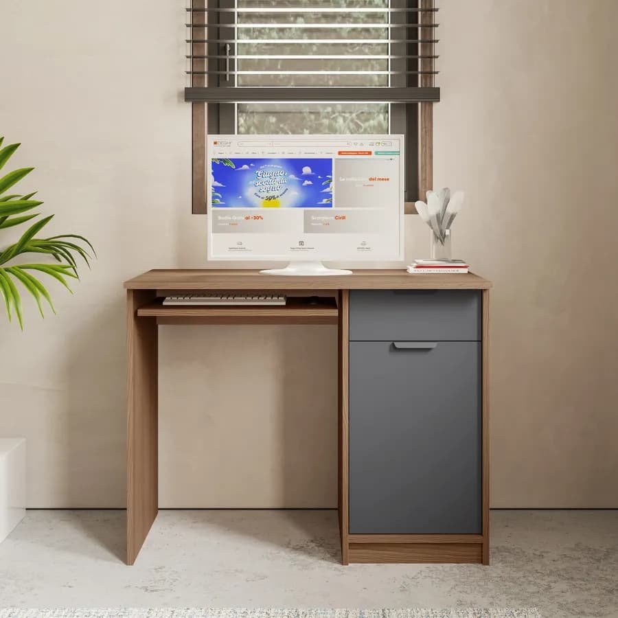 Scrivania 100x50 cm in legno antracite e rovere con 1 anta e 1 cassetto - Aubin