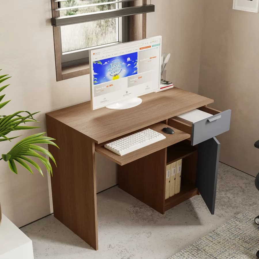 Scrivania 100x50 cm in legno antracite e rovere con 1 anta e 1 cassetto - Aubin