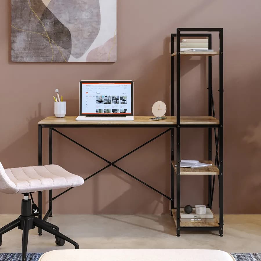 Scrivania 100x52 cm con top in legno rovere e struttura in acciaio nero con libreria integrata - Duke