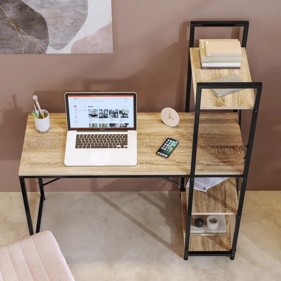 Scrivania 100x52 cm con top in legno rovere e struttura in acciaio nero con libreria integrata - Duke