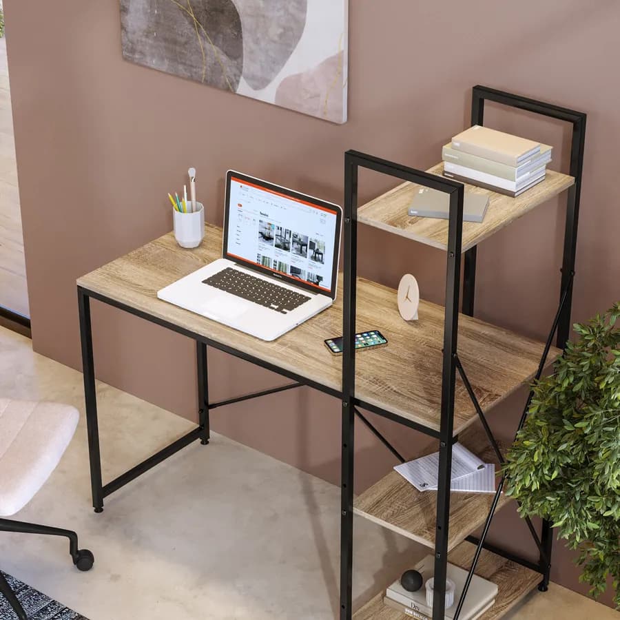 Scrivania 100x52 cm con top in legno rovere e struttura in acciaio nero con libreria integrata - Duke
